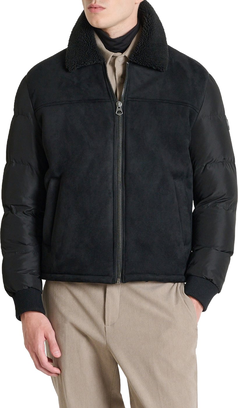 Black regular-fit coat in faux fur with padded techno-fabric sleeves