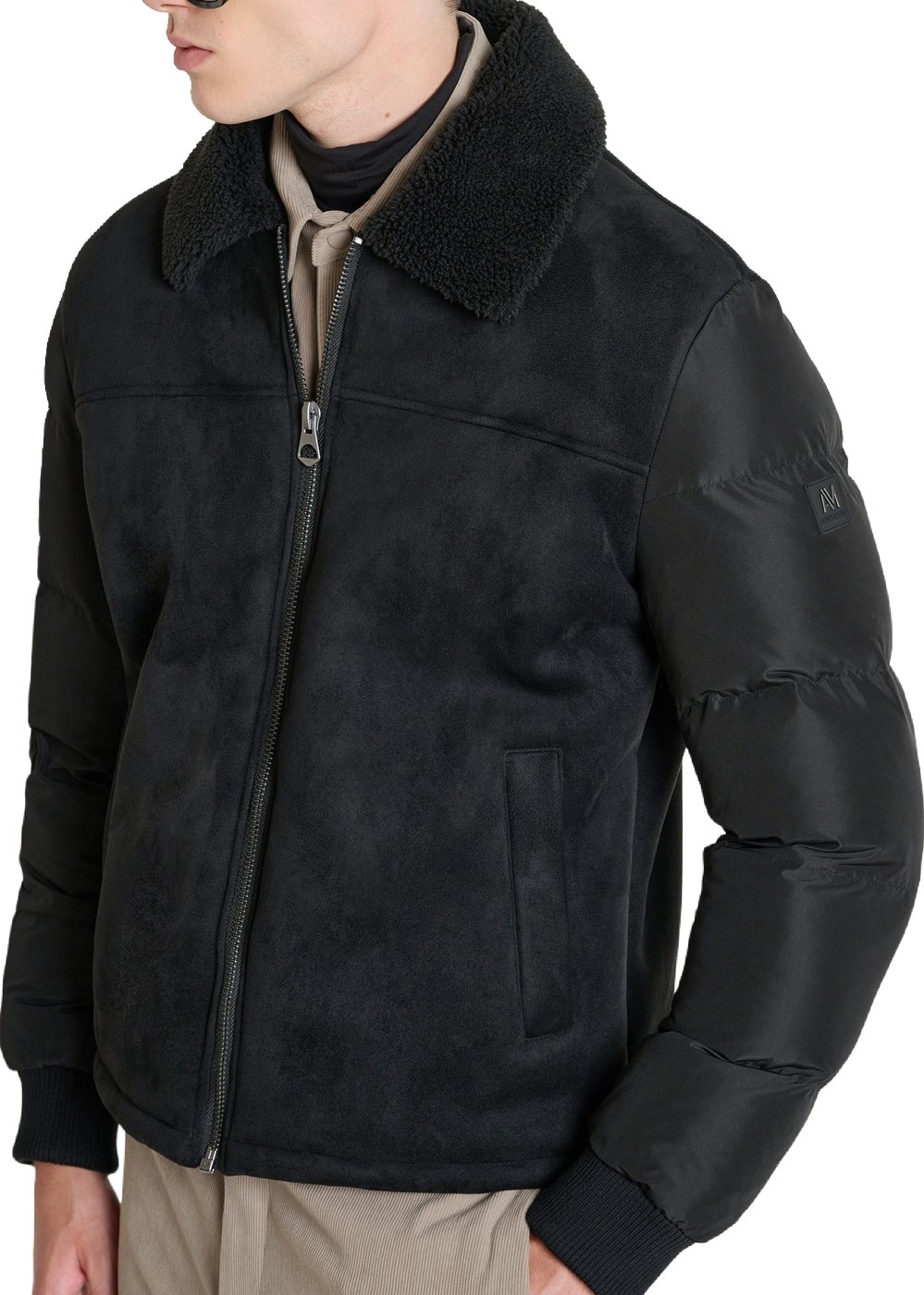 Black regular-fit coat in faux fur with padded techno-fabric sleeves