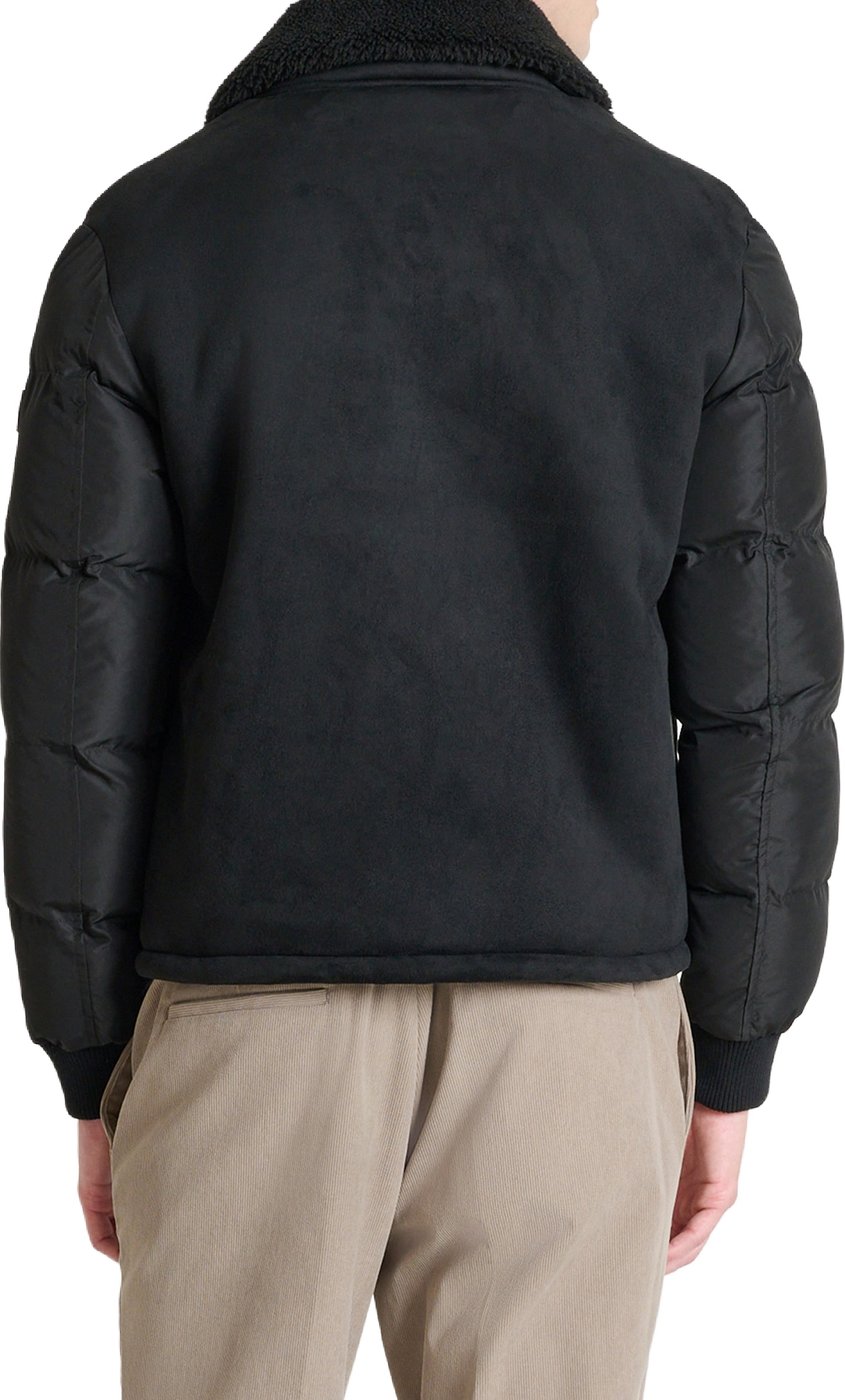 Black regular-fit coat in faux fur with padded techno-fabric sleeves