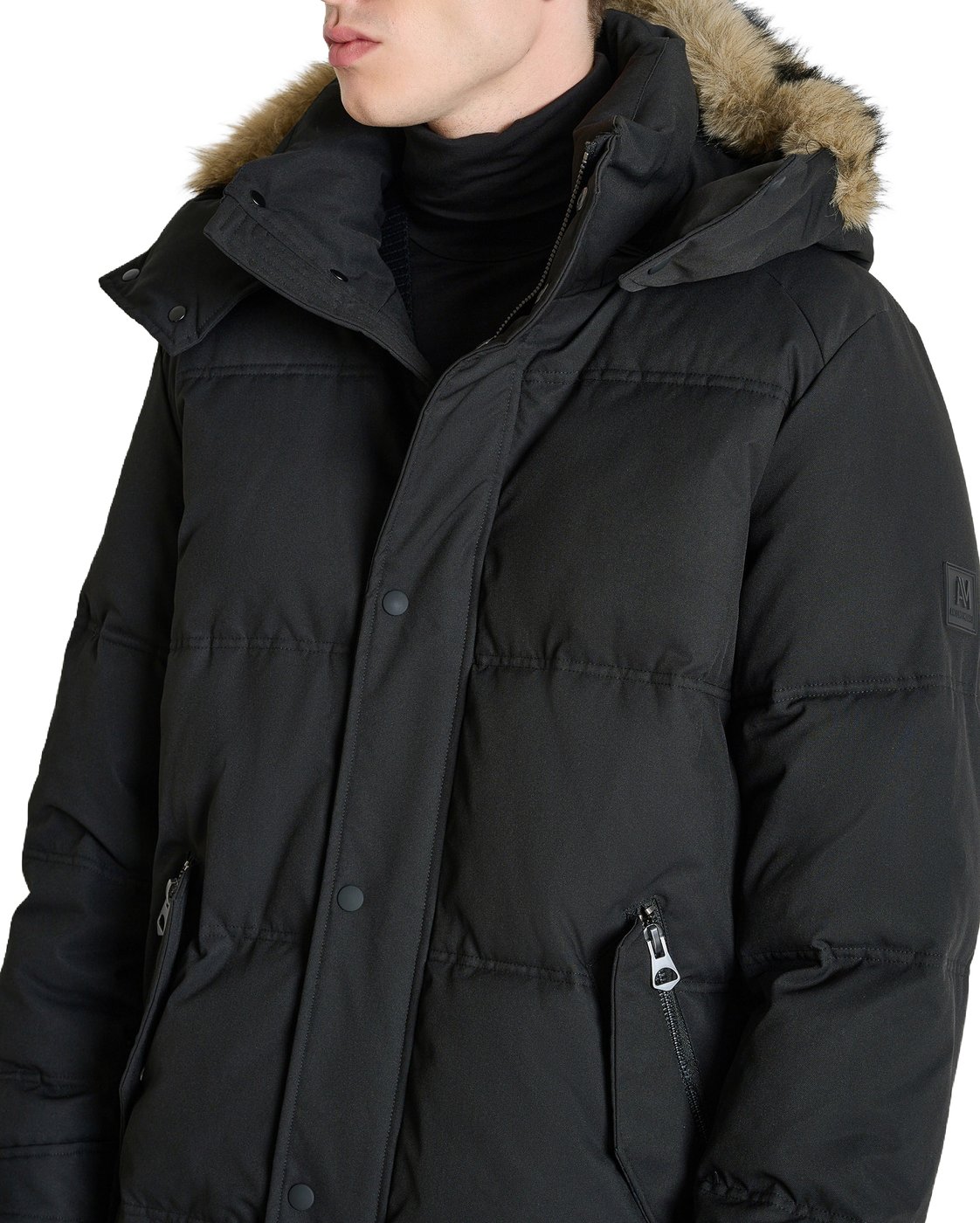 Black relaxed-fit coat in waterproof techno fabric with logo on rubber patch