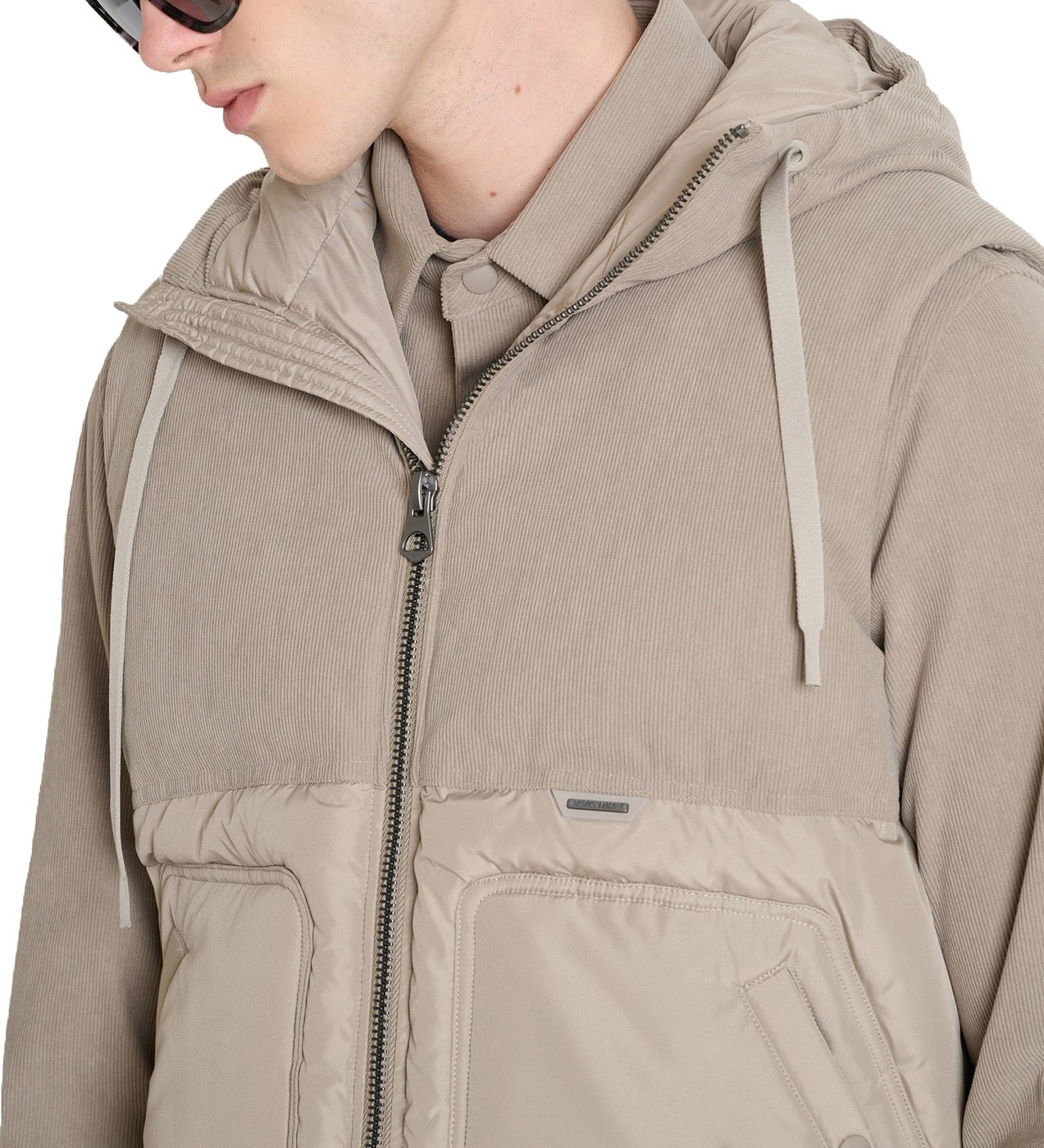 Grit regular-fit coat in techno fabric with corduroy contrast, eco-padding and metal logo