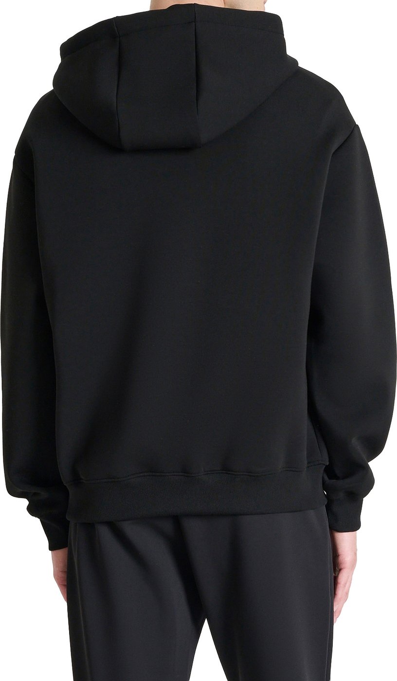 Black boxy-fit hoodie in knit fleece with silver print on front