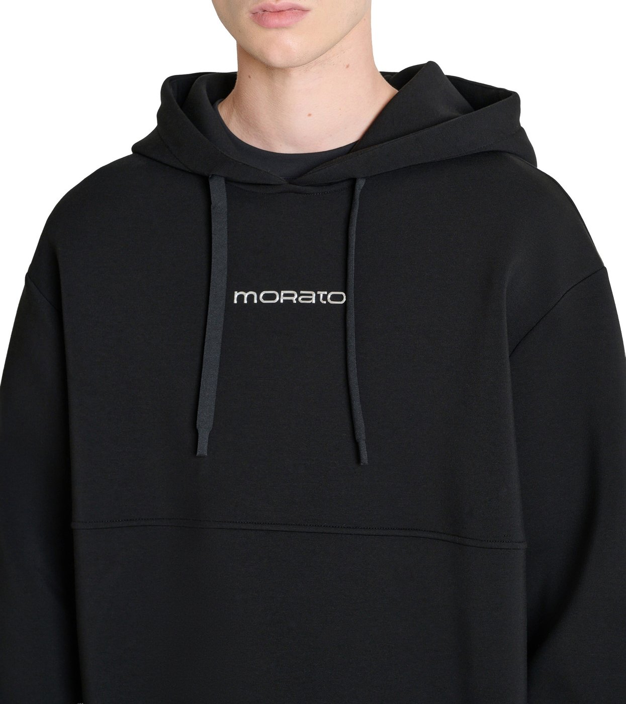 Black boxy-fit hoodie in knit fleece with silver print on front