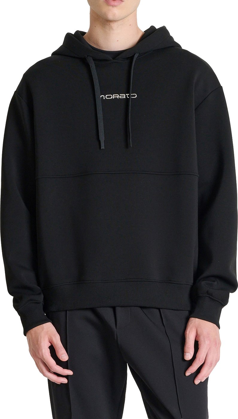 Black boxy-fit hoodie in knit fleece with silver print on front