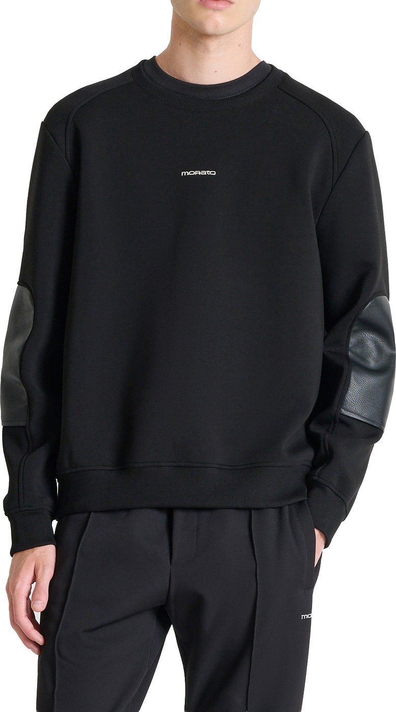 Black relaxed-fit sweatshirt with contrast faux leather inserts and logo print on front