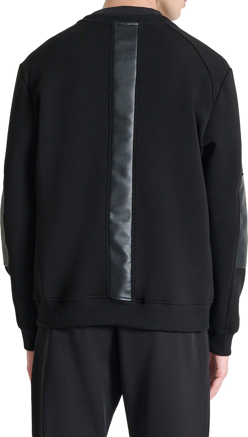Black relaxed-fit sweatshirt with contrast faux leather inserts and logo print on front