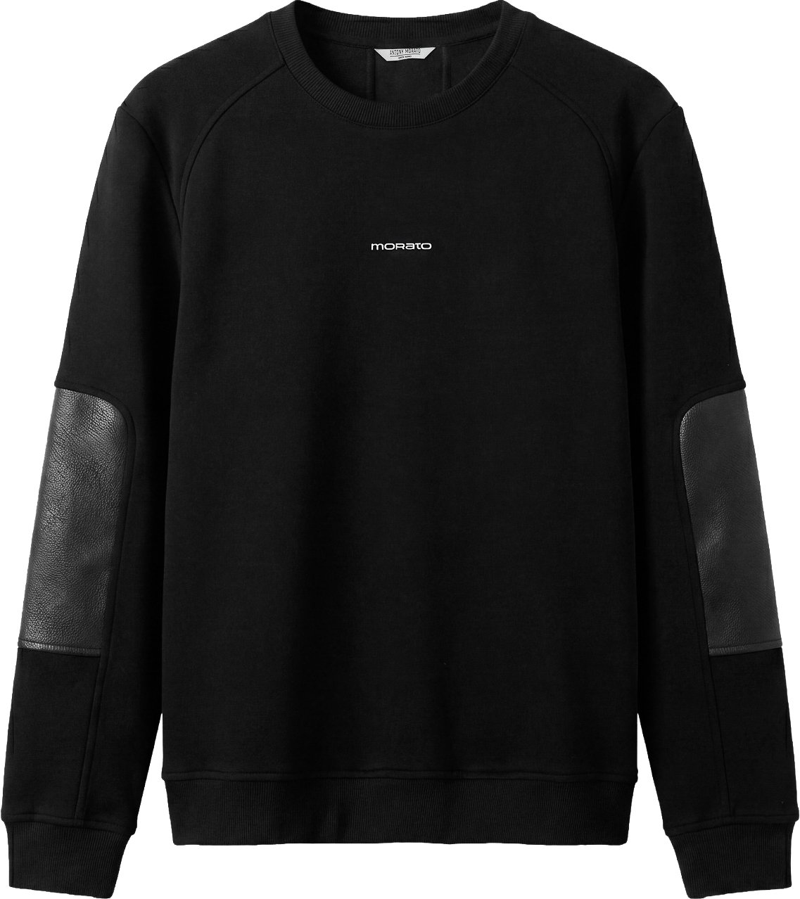 Black relaxed-fit sweatshirt with contrast faux leather inserts and logo print on front
