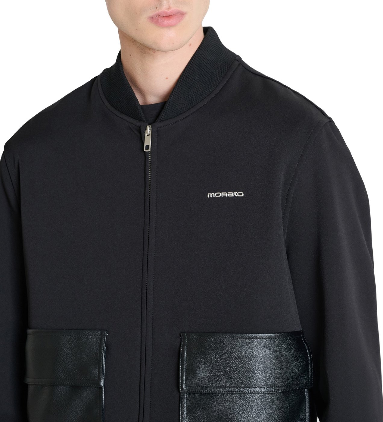 Black regular-fit zip-up fleece with faux leather pockets and silver logo print