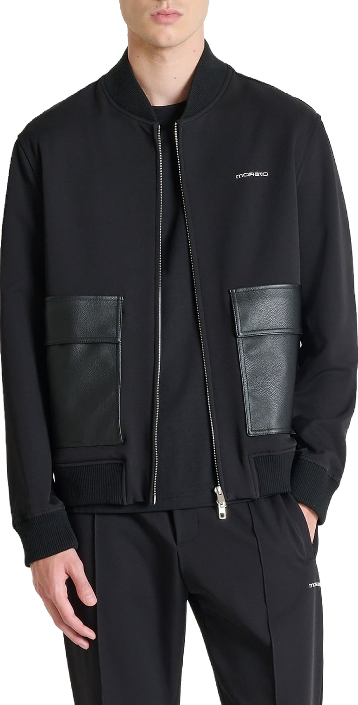 Black regular-fit zip-up fleece with faux leather pockets and silver logo print