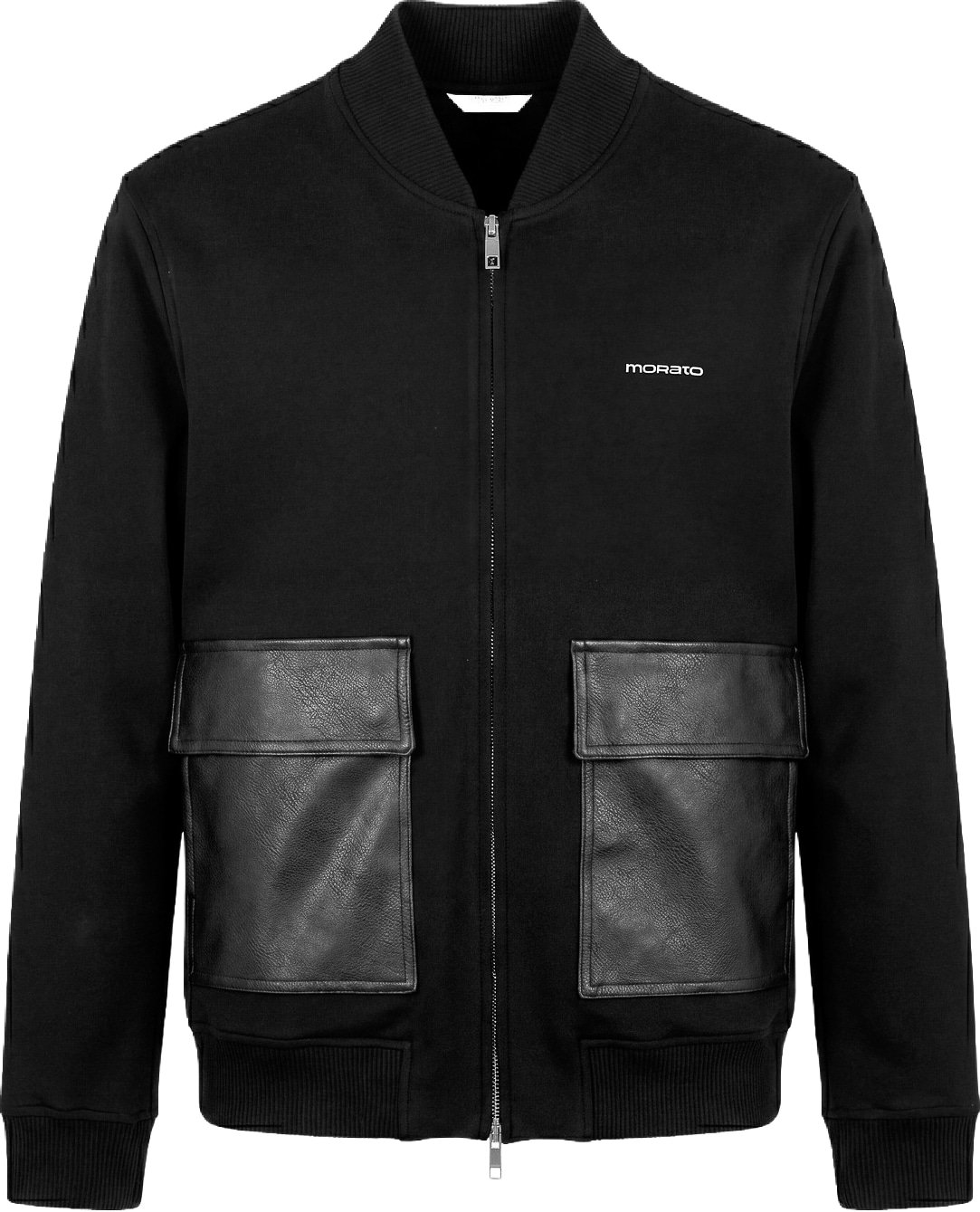 Black regular-fit zip-up fleece with faux leather pockets and silver logo print