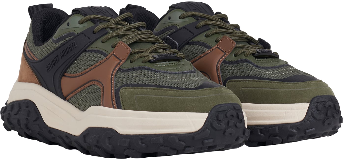"Alain" olive green sneakers in nylon and faux leather with 3D logo accents and light chunky sole