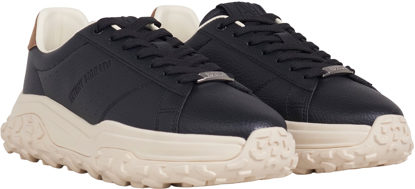 "Ayrton" black sneakers in tumbled faux leather with logo accents and light chunky sole