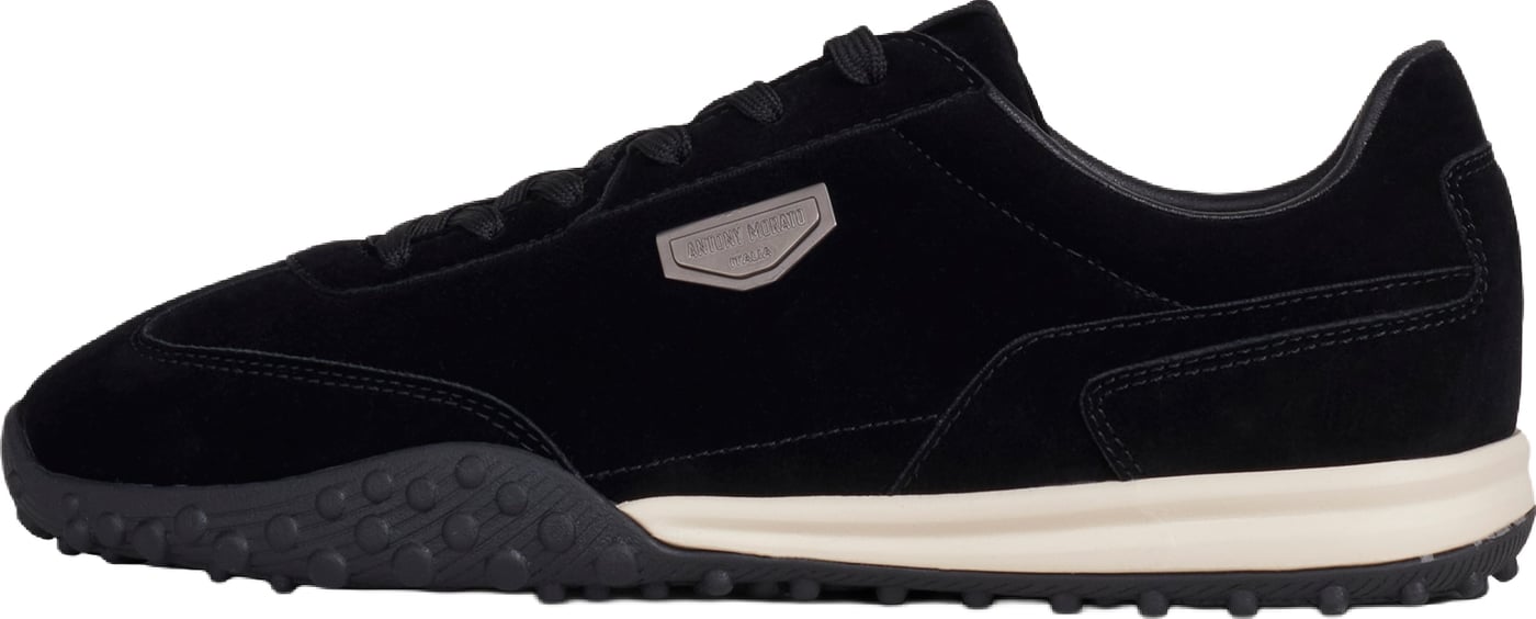 "Zarco" black running shoes in nubuck faux leather with 3D logo plate and low racer sole