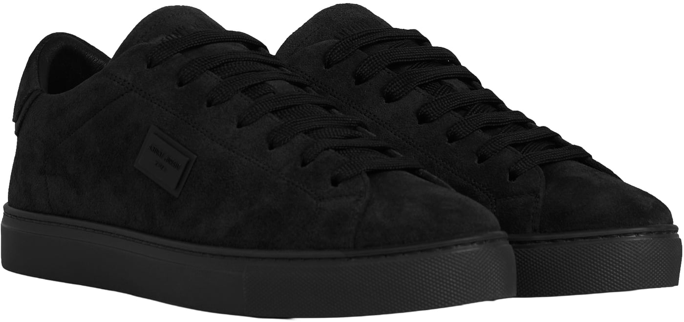 "Metal" black sneakers in suede with 3D logo plate and flat sole