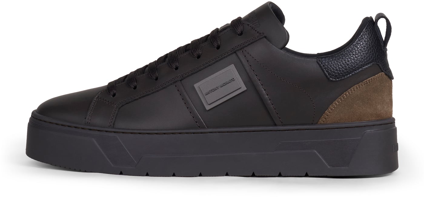 "Metal Moose" coffee sneakers in coated leather with tumbled trims, 3D logo plate and platform sole