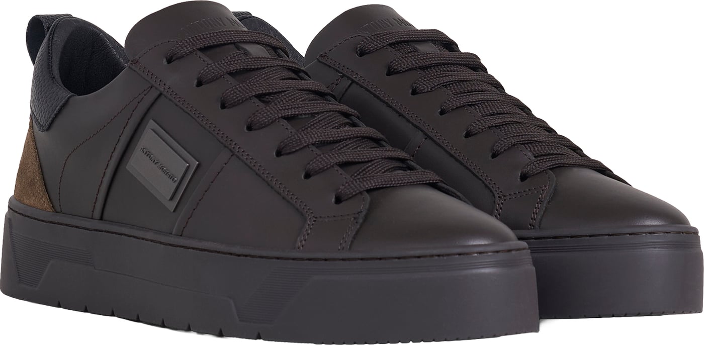 "Metal Moose" coffee sneakers in coated leather with tumbled trims, 3D logo plate and platform sole