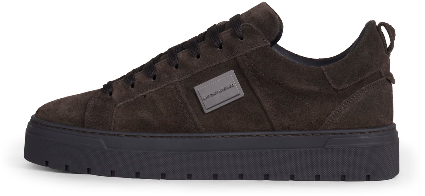 "Metal Moose" coffee sneakers in suede with 3D logo plate and platform sole