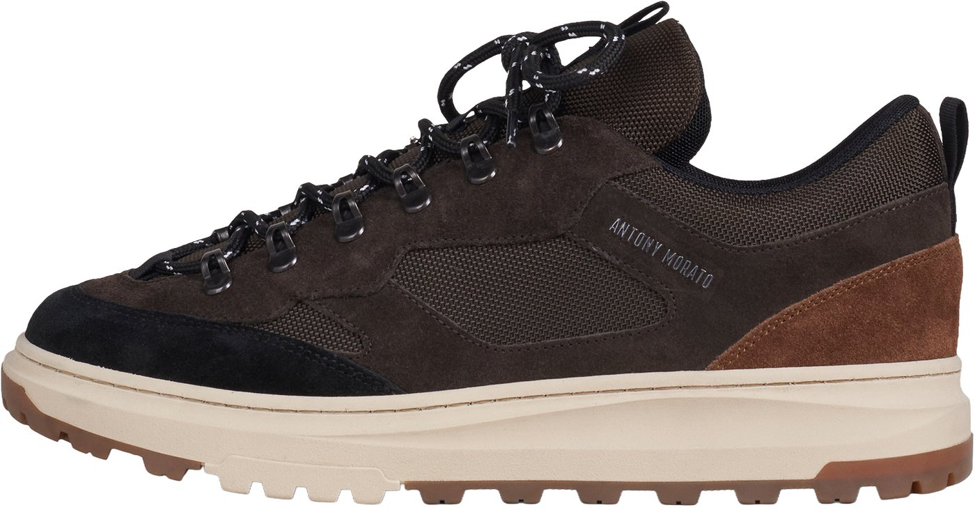 "Jared" coffee sneakers in nylon and suede with laminated 3D logo and rock-climber lacing