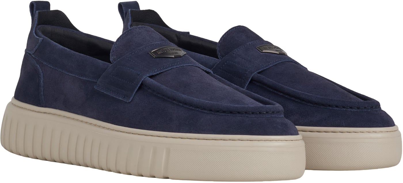 "Parrot" ink blue loafers in suede with 3D logo plate and light EVA sole