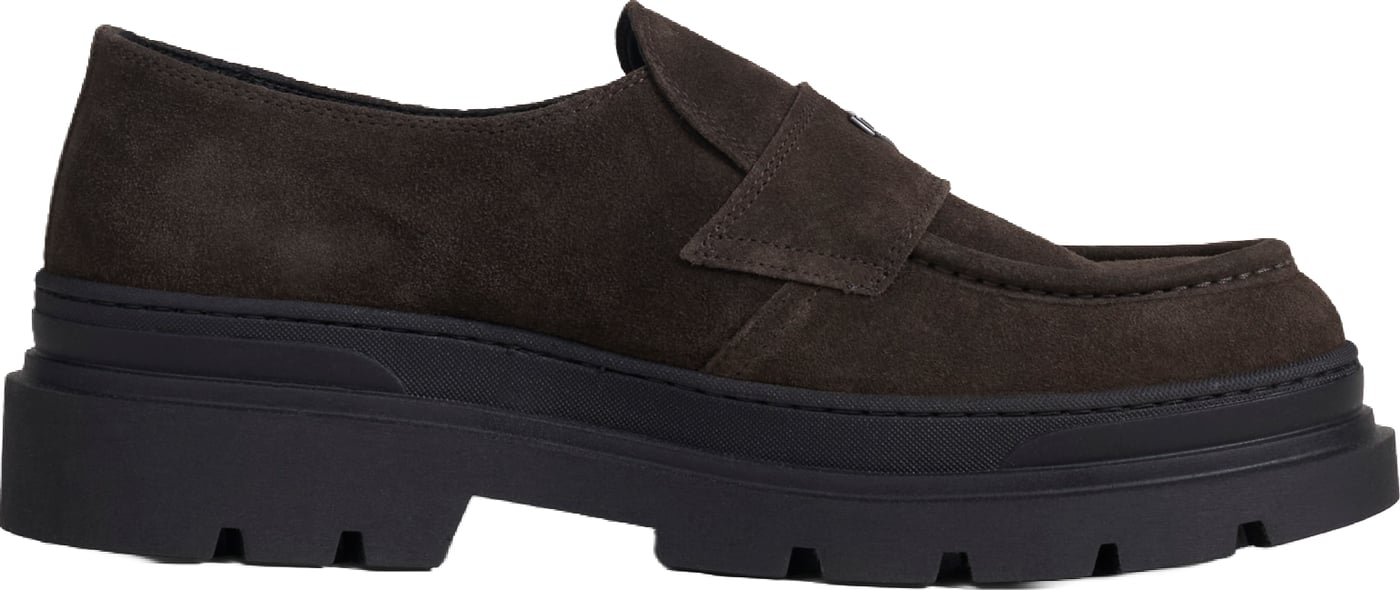 "Harvell" coffee loafers in suede with 3D logo plate and welted track sole