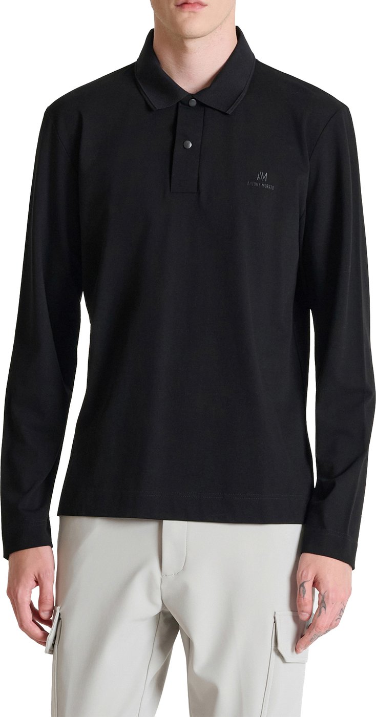 Black regular-fit polo in stretch piqué with foam logo print on heart