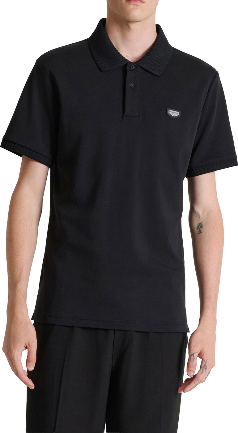 Black regular-fit polo in cotton jersey with plate