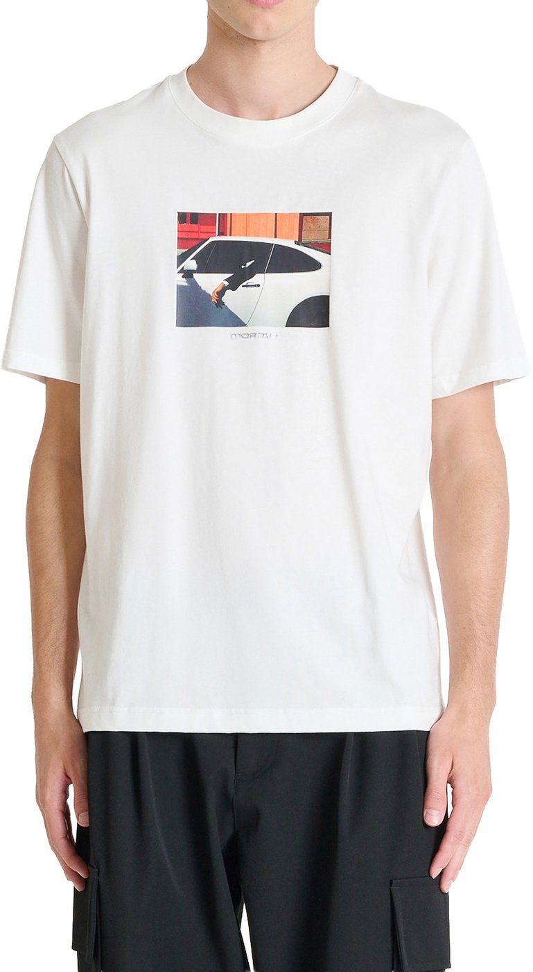 Cream relaxed-fit t-shirt in cotton jersey with "Open Mind 1" print on front