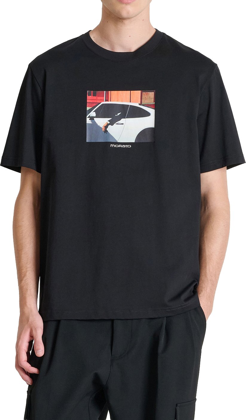 Black relaxed-fit t-shirt in cotton jersey with "Open Mind 1" print on front
