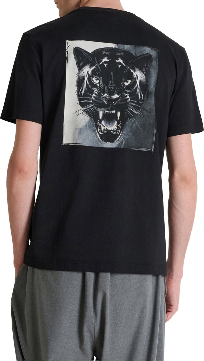 Black regular-fit t-shirt in cotton jersey with print on front
