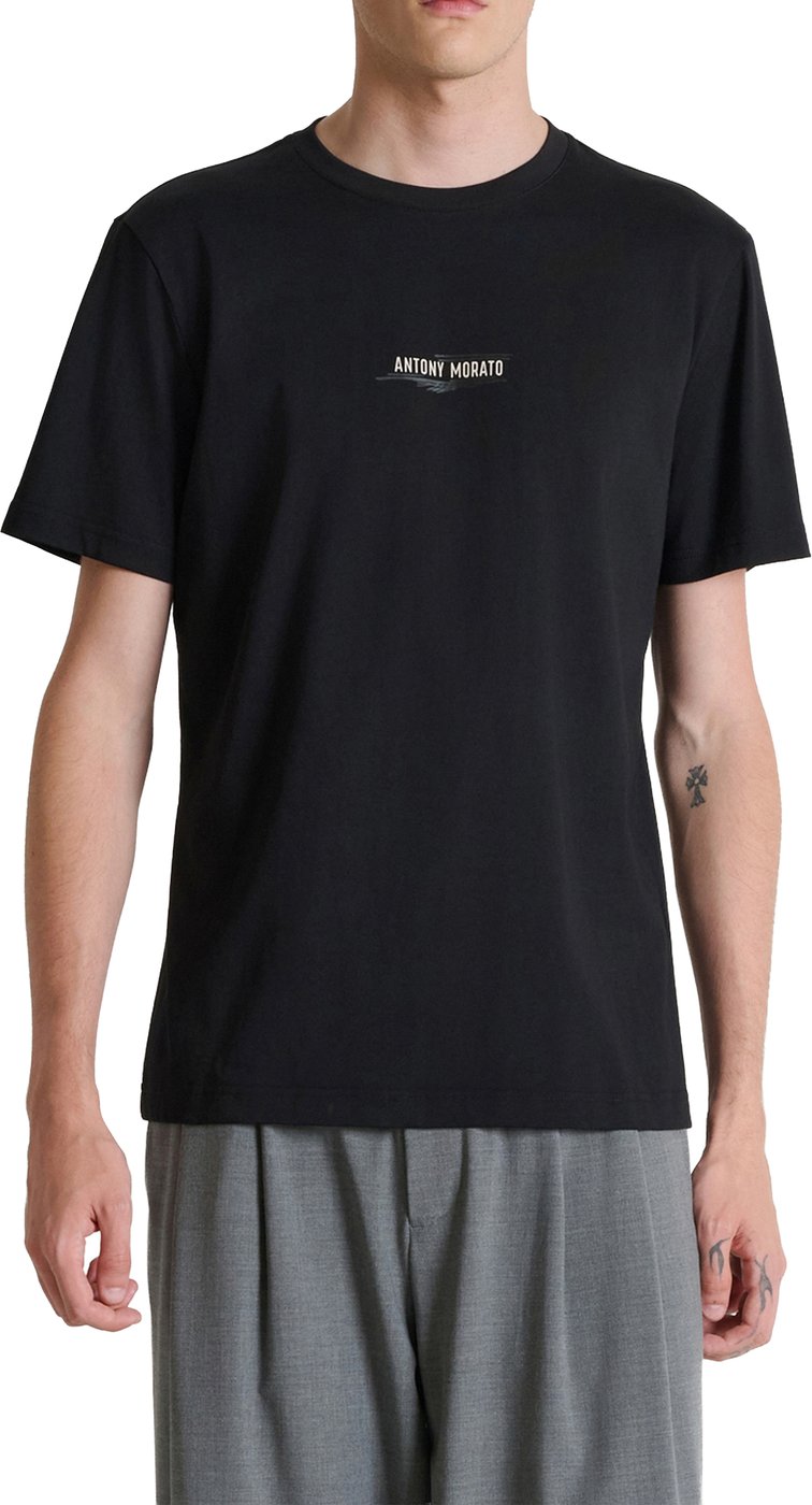 Black regular-fit t-shirt in cotton jersey with print on front