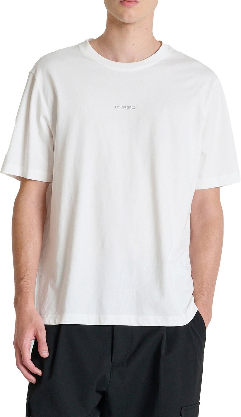Cream relaxed-fit t-shirt in cotton jersey with logo print on front and photographic print on back