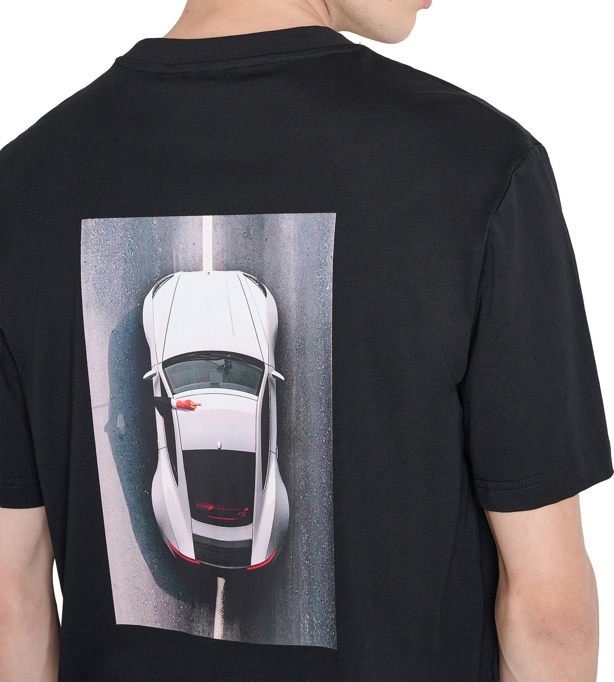 Black relaxed-fit t-shirt in cotton jersey with logo print on front and photographic print on back