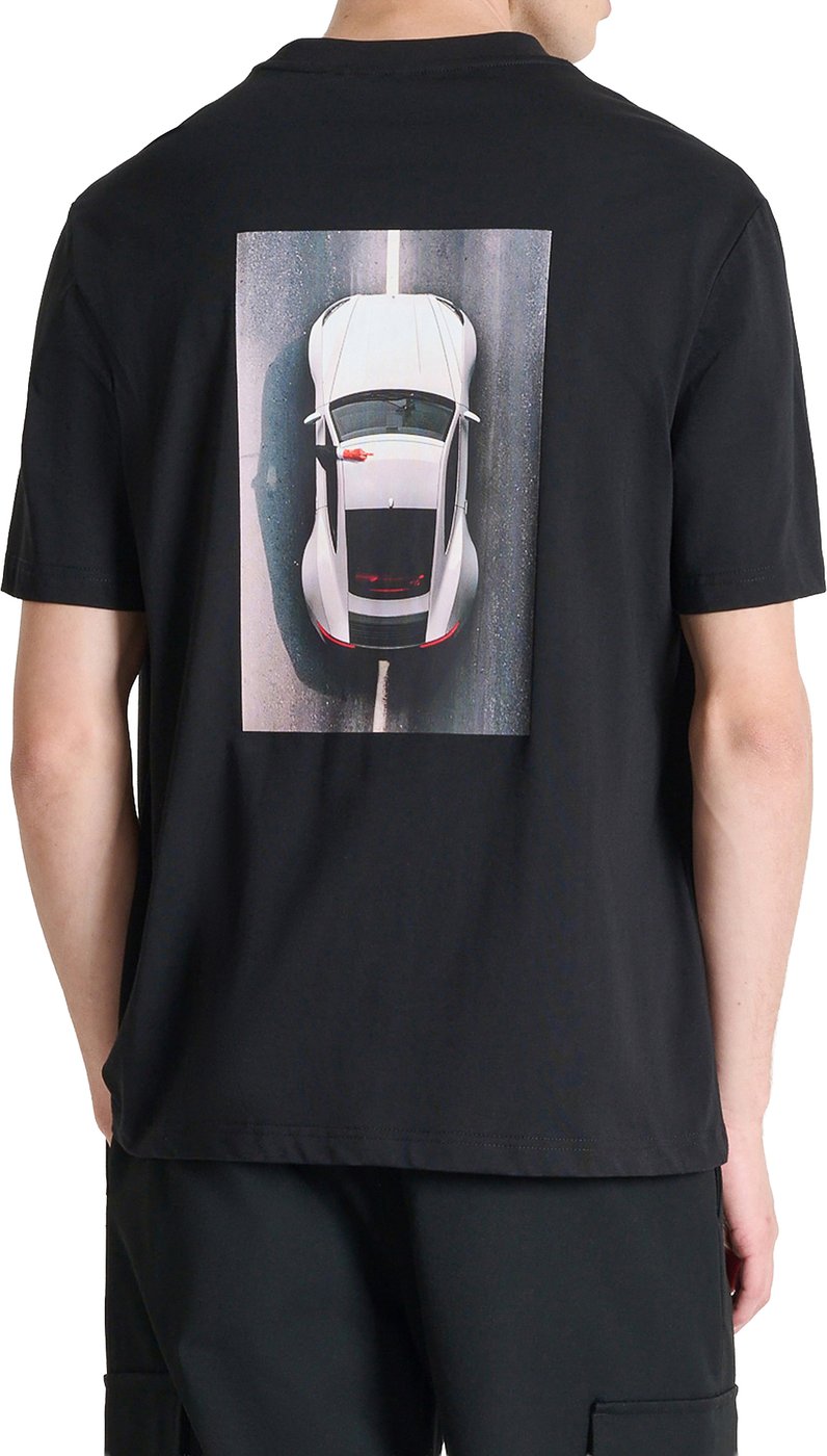 Black relaxed-fit t-shirt in cotton jersey with logo print on front and photographic print on back
