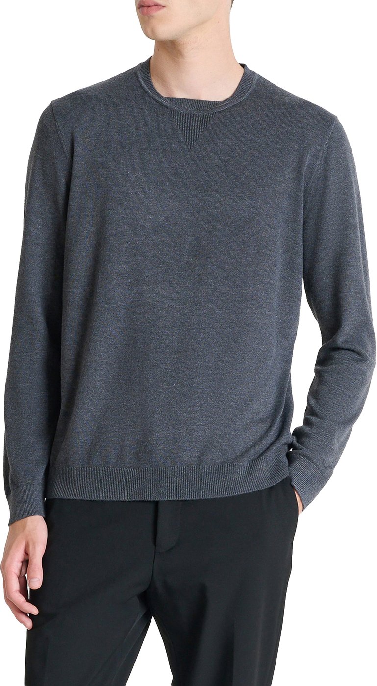 Dark grey melange regular-fit long-sleeve crew-neck sweater in wool-cashmere blend