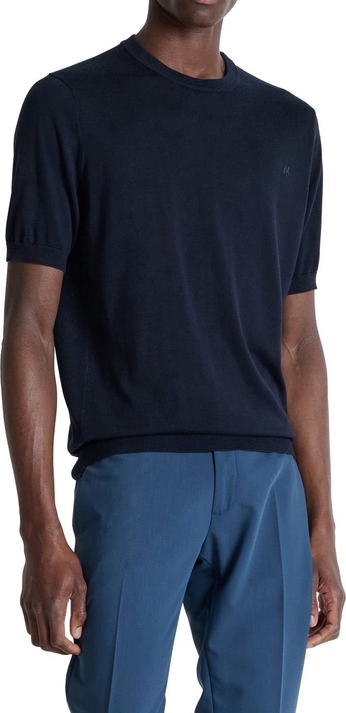 Ink blue regular-fit short-sleeve crew-neck sweater in super-soft wool blend with rubber logo print