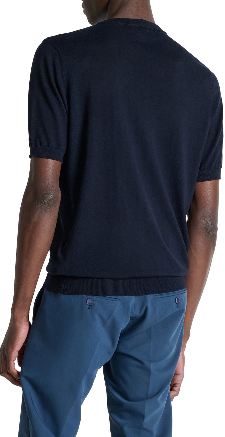 Ink blue regular-fit short-sleeve crew-neck sweater in super-soft wool blend with rubber logo print