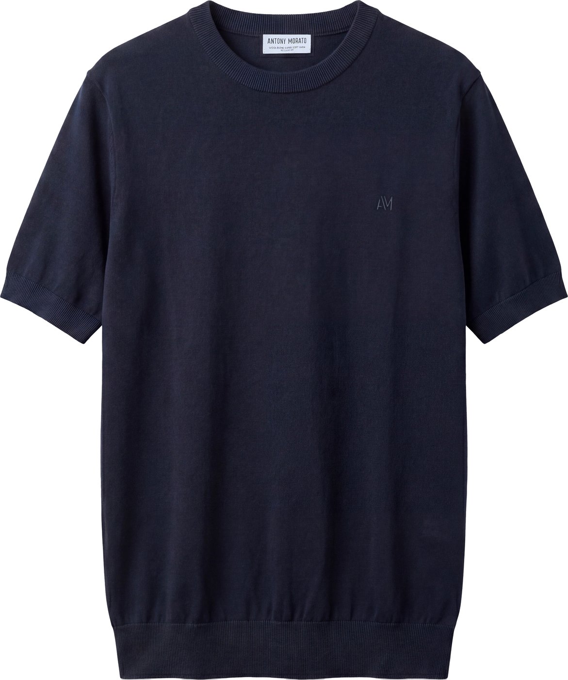 Ink blue regular-fit short-sleeve crew-neck sweater in super-soft wool blend with rubber logo print