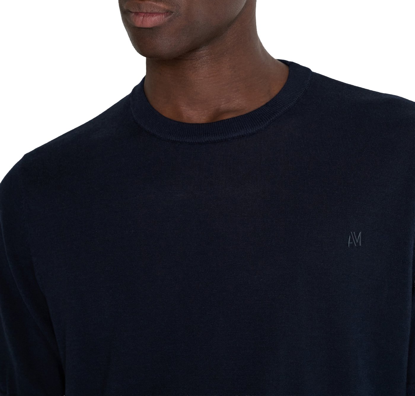Ink blue regular-fit short-sleeve crew-neck sweater in super-soft wool blend with rubber logo print