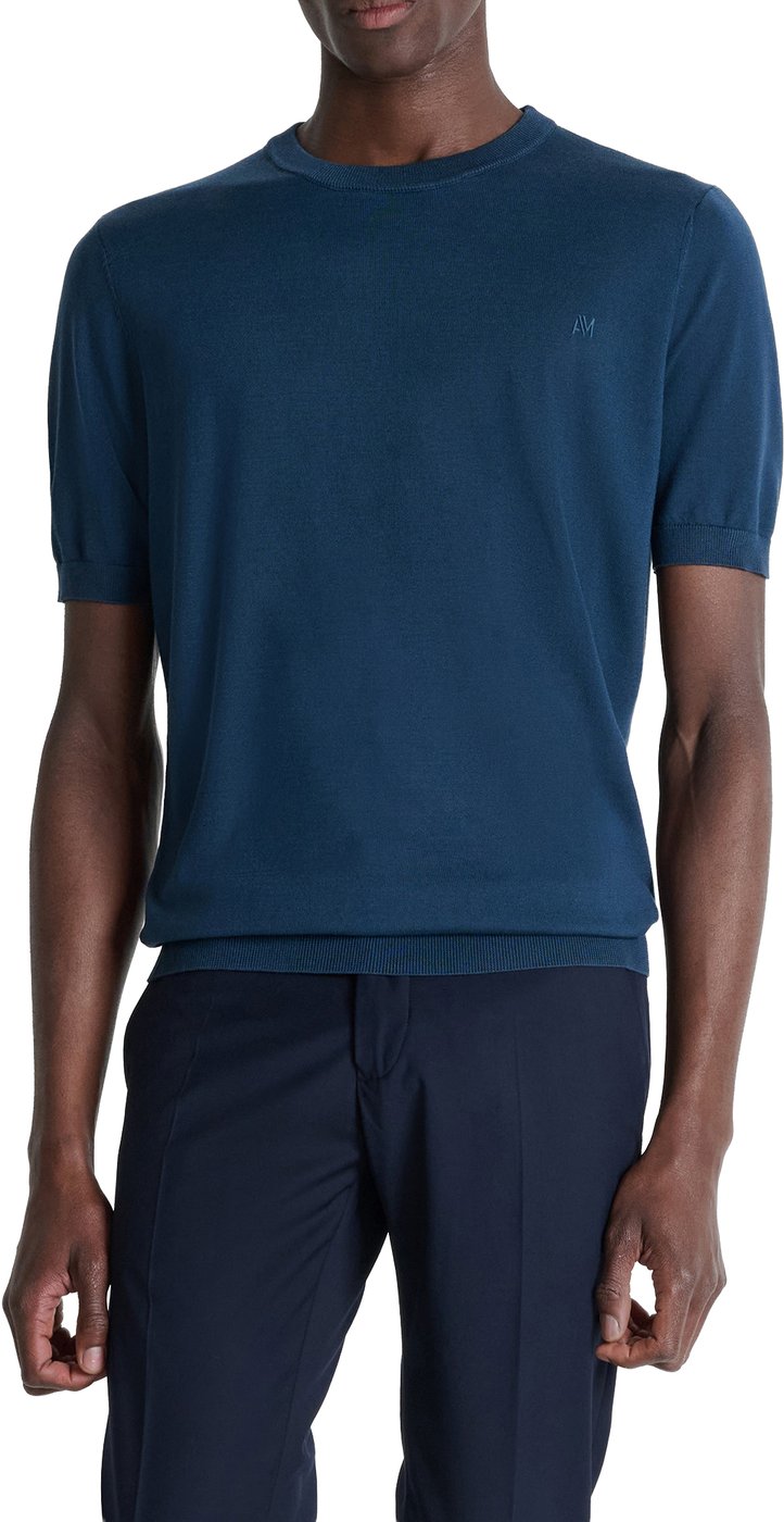 Navy blue regular-fit short-sleeve crew-neck sweater in super-soft wool blend with rubber logo print