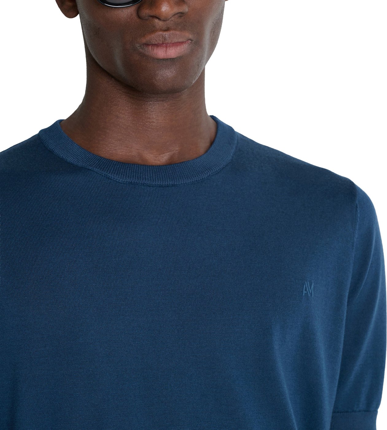 Navy blue regular-fit short-sleeve crew-neck sweater in super-soft wool blend with rubber logo print