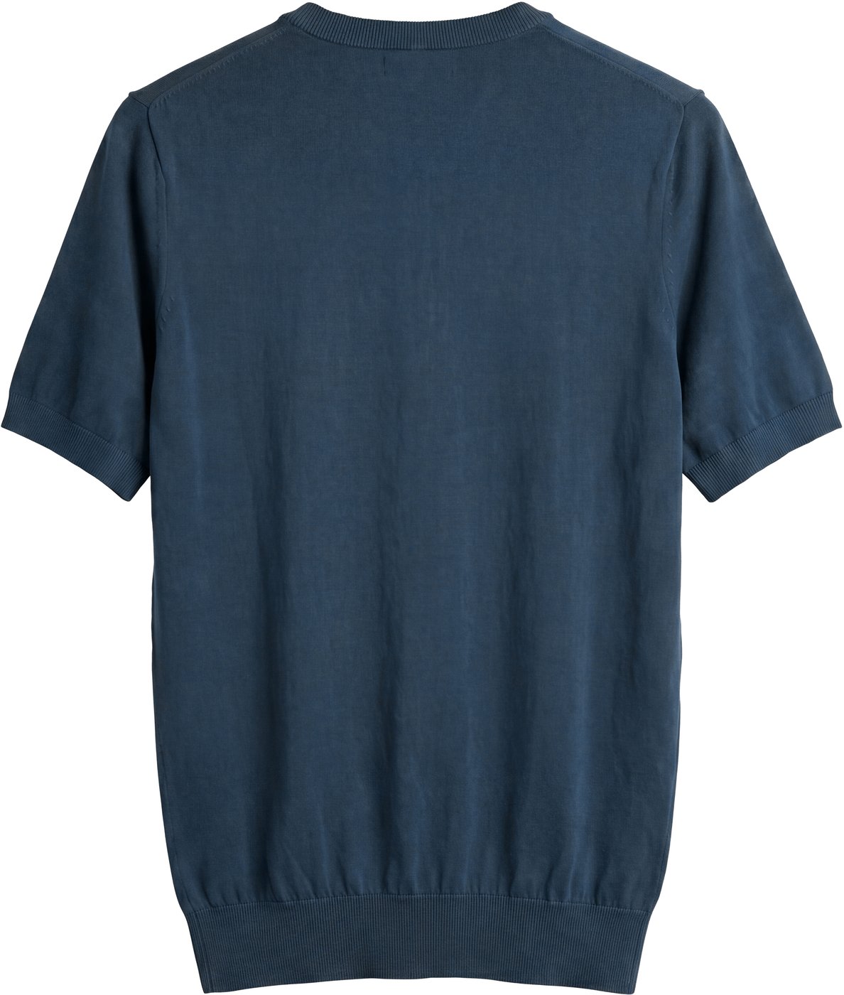 Navy blue regular-fit short-sleeve crew-neck sweater in super-soft wool blend with rubber logo print