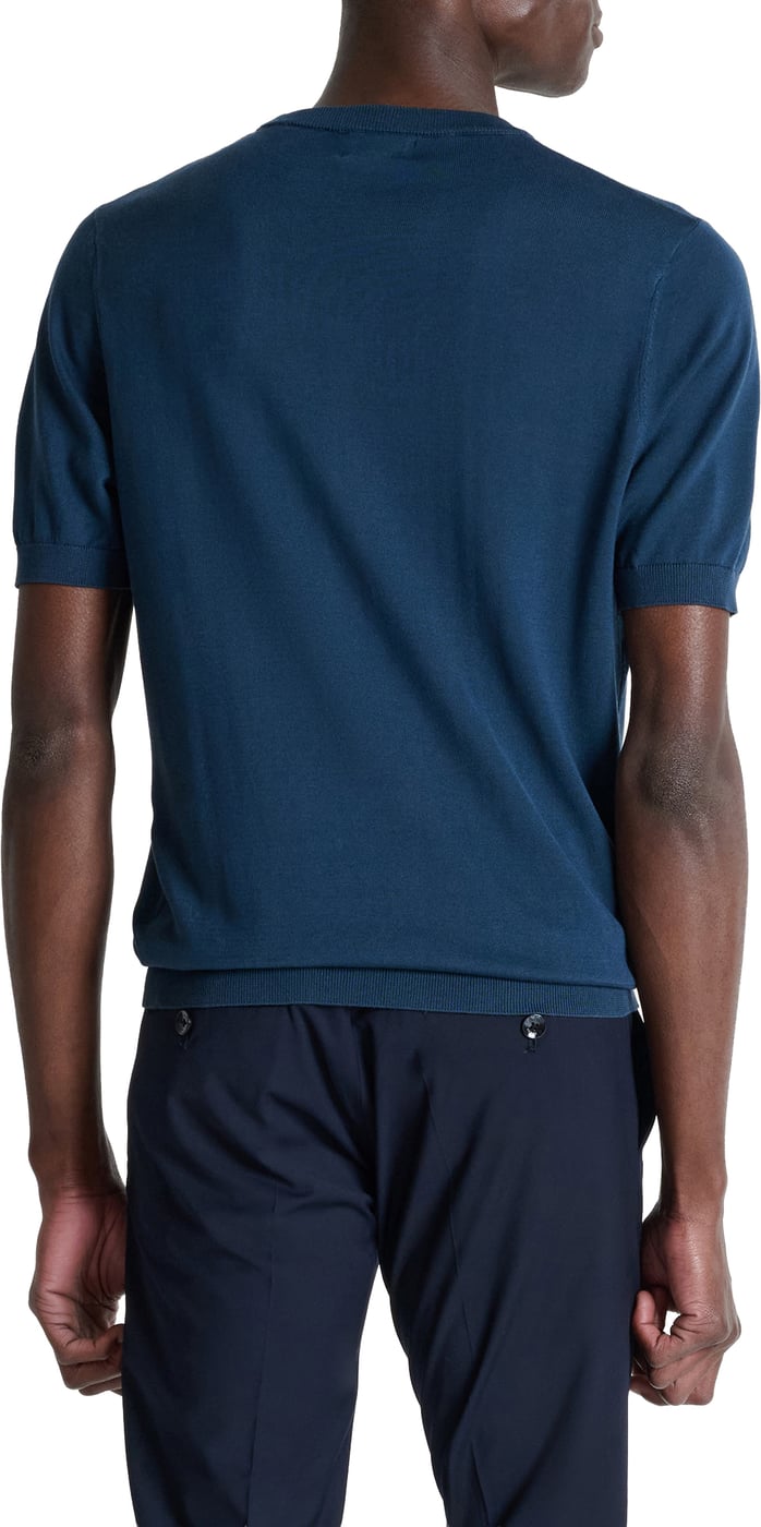Navy blue regular-fit short-sleeve crew-neck sweater in super-soft wool blend with rubber logo print