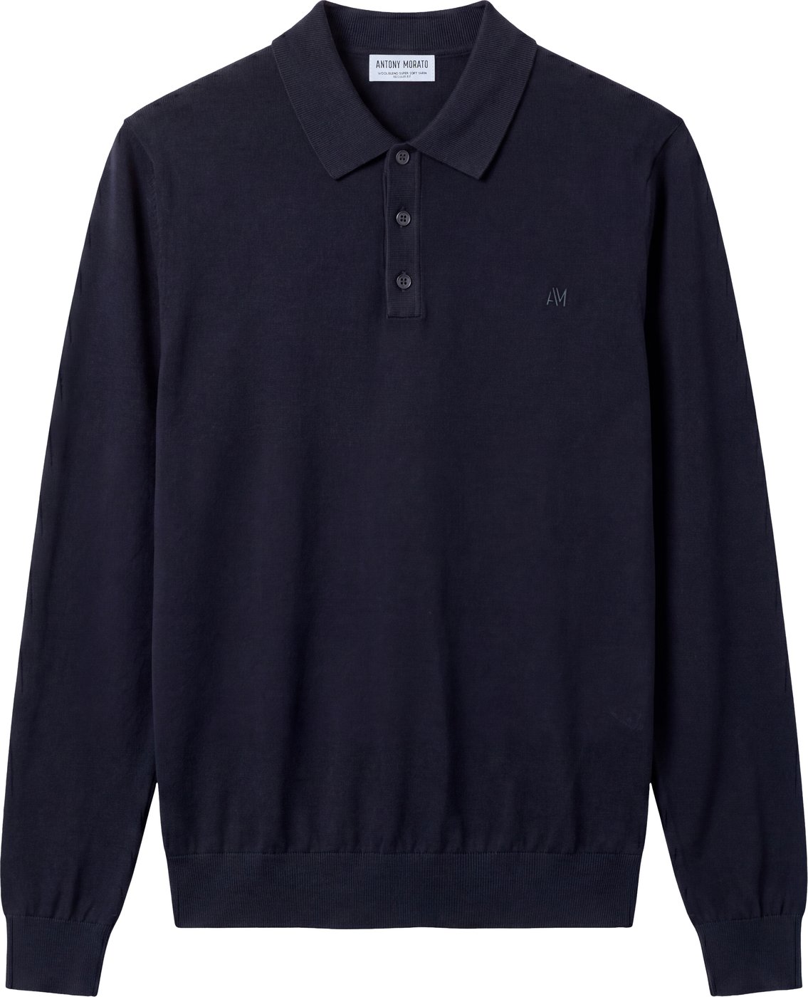 Ink blue regular-fit long-sleeve buttoned knit polo in super-soft wool blend with rubber print