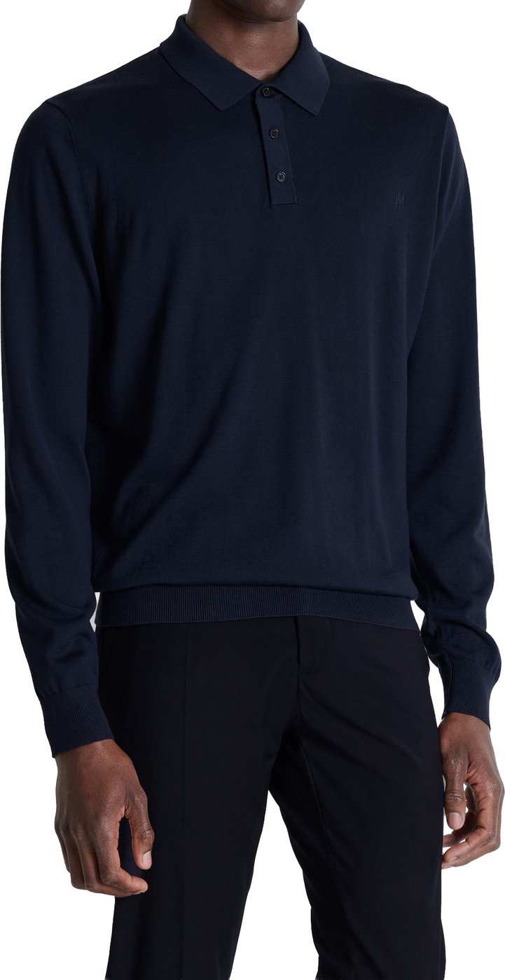 Ink blue regular-fit long-sleeve buttoned knit polo in super-soft wool blend with rubber print