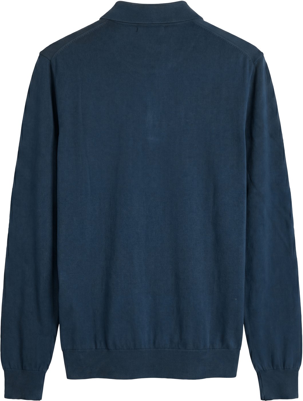 Navy blue regular-fit long-sleeve buttoned knit polo in super-soft wool blend with rubber print