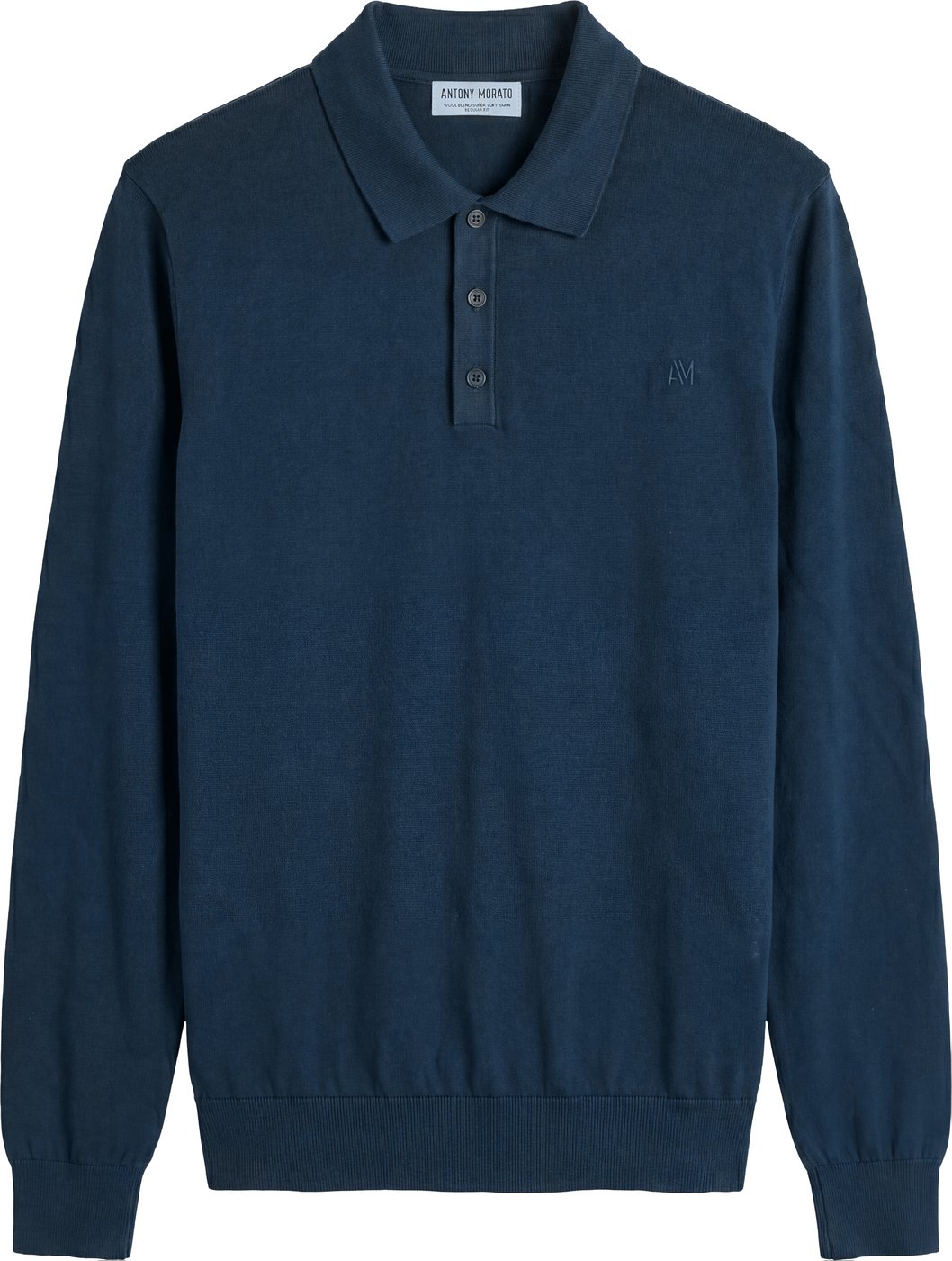 Navy blue regular-fit long-sleeve buttoned knit polo in super-soft wool blend with rubber print