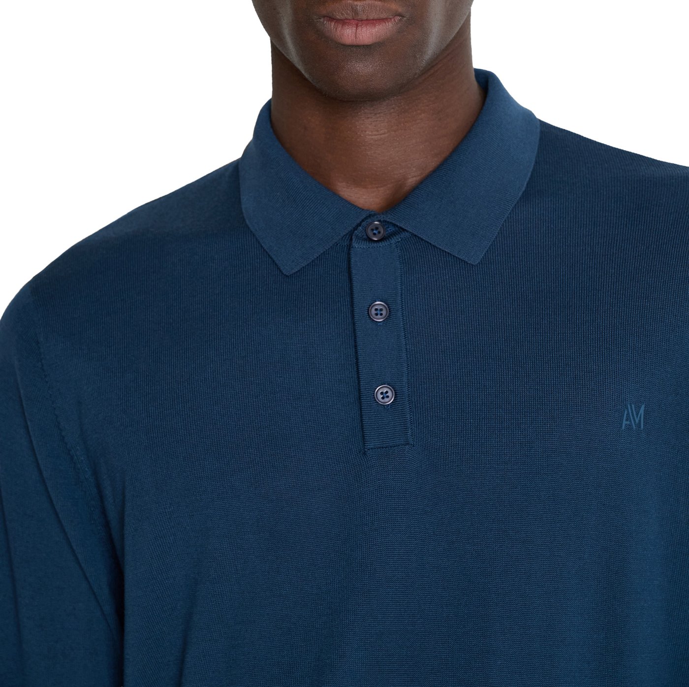 Navy blue regular-fit long-sleeve buttoned knit polo in super-soft wool blend with rubber print