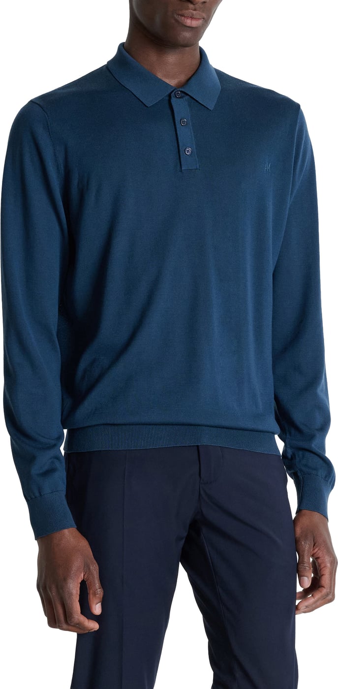 Navy blue regular-fit long-sleeve buttoned knit polo in super-soft wool blend with rubber print