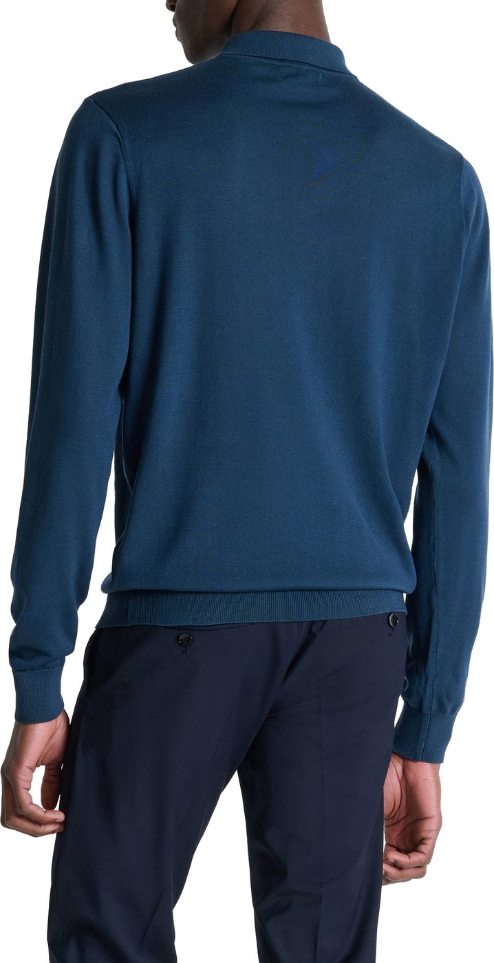 Navy blue regular-fit long-sleeve buttoned knit polo in super-soft wool blend with rubber print