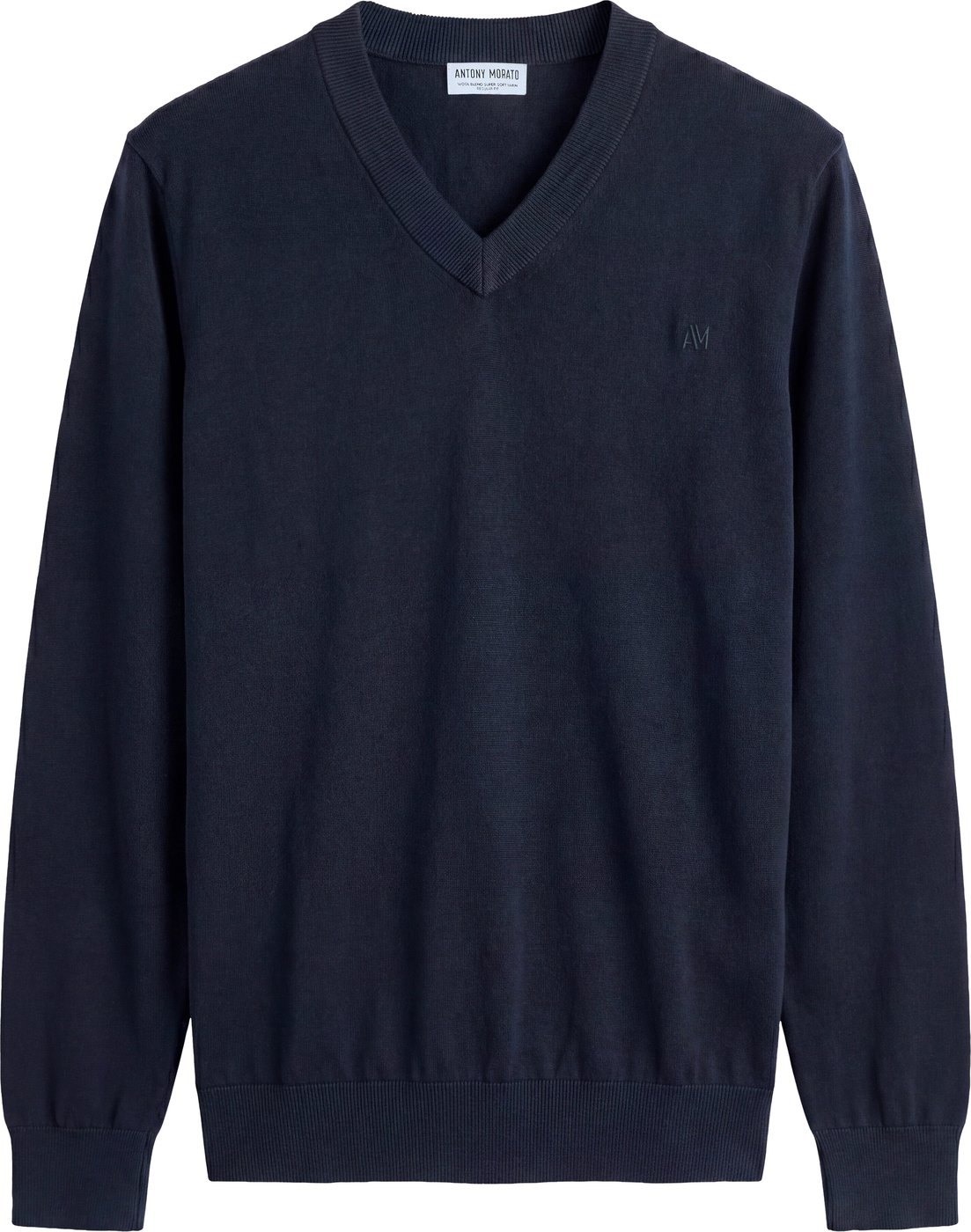 Ink blue regular-fit long-sleeve V-neck sweater in super-soft wool blend